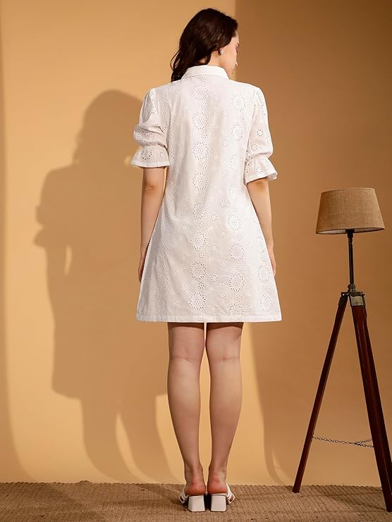 Nuviera Women's Pure Cotton Schiffli Embroidered Shirt Dress with Elegant Self-Design Pattern