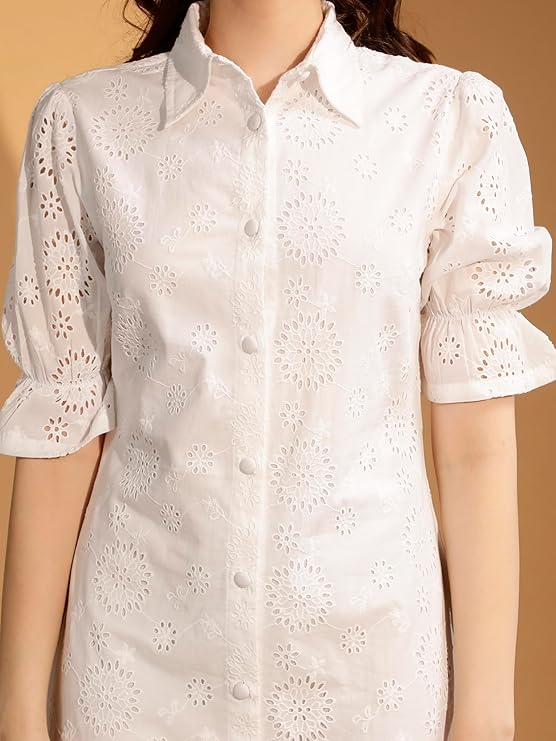 Nuviera Women's Pure Cotton Schiffli Embroidered Shirt Dress with Elegant Self-Design Pattern